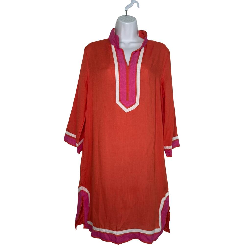 Les Canebiers Tunic Dress Orange Pink Vneck SIZE 12 LRG European 42 Orange Pink